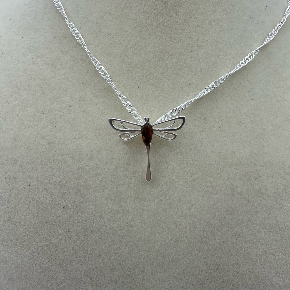 Amber Sterling Silver Butterfly Pendant on Silver Twisted Chain - Picture 2 of 7